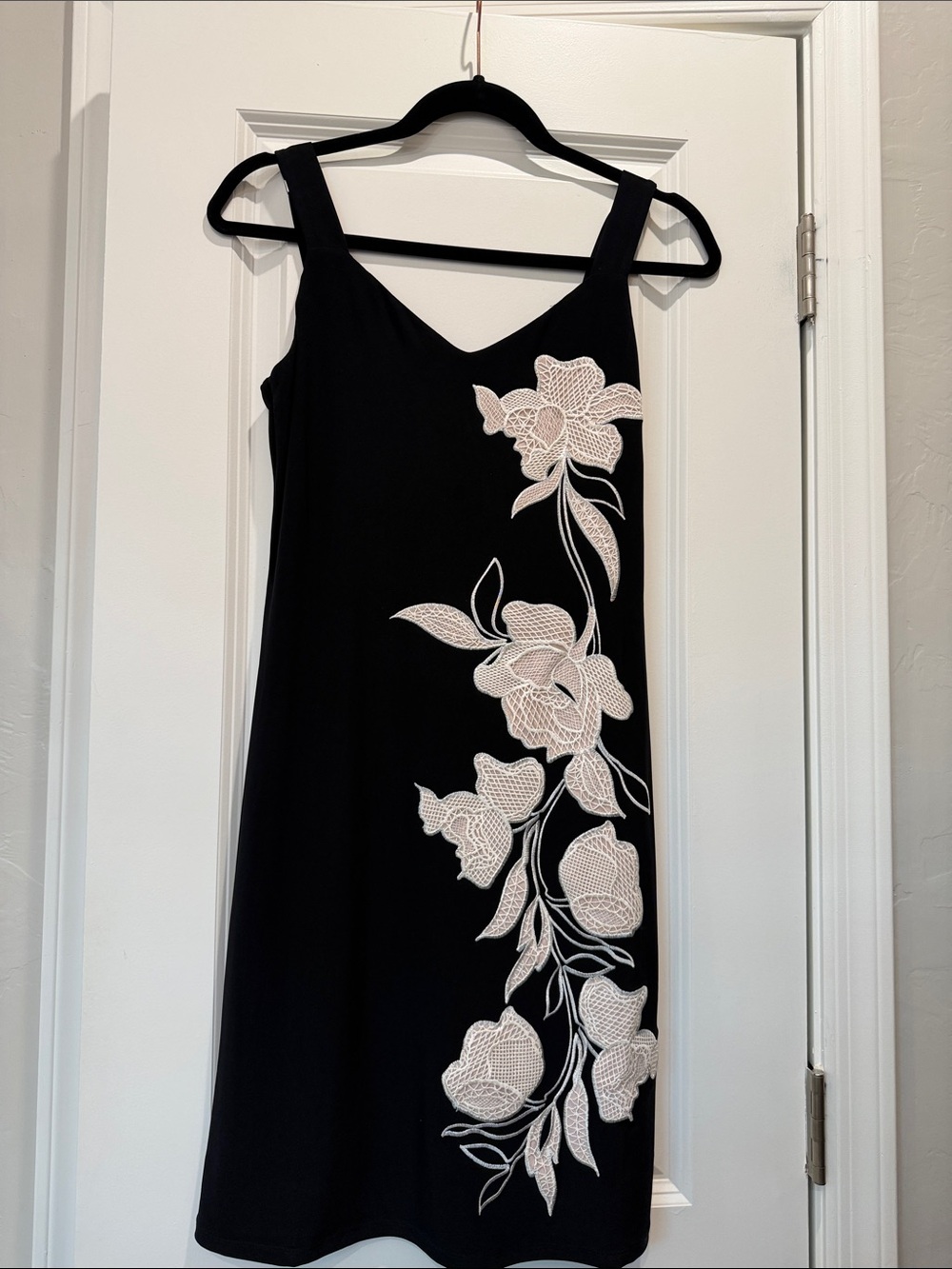 White House Black Market Black Midi Dress with Ivory Floral Appliqué